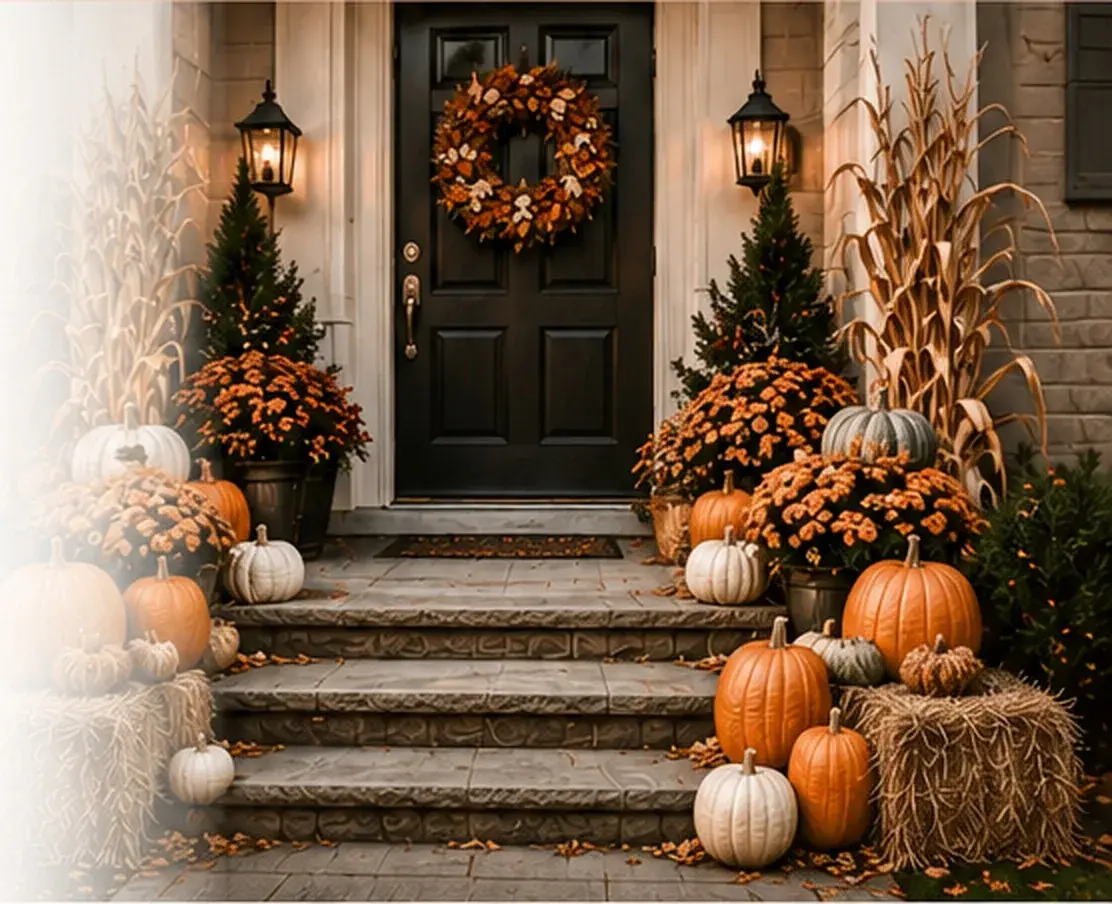 Seasonal entrance decor with pumpkins, wreath, hay, mums, and corn stalks