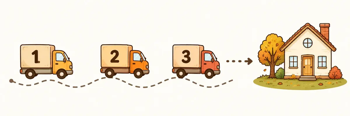 Multi-truck delivery process: hay bales, pumpkins, corn stalks, final arrangement and styling